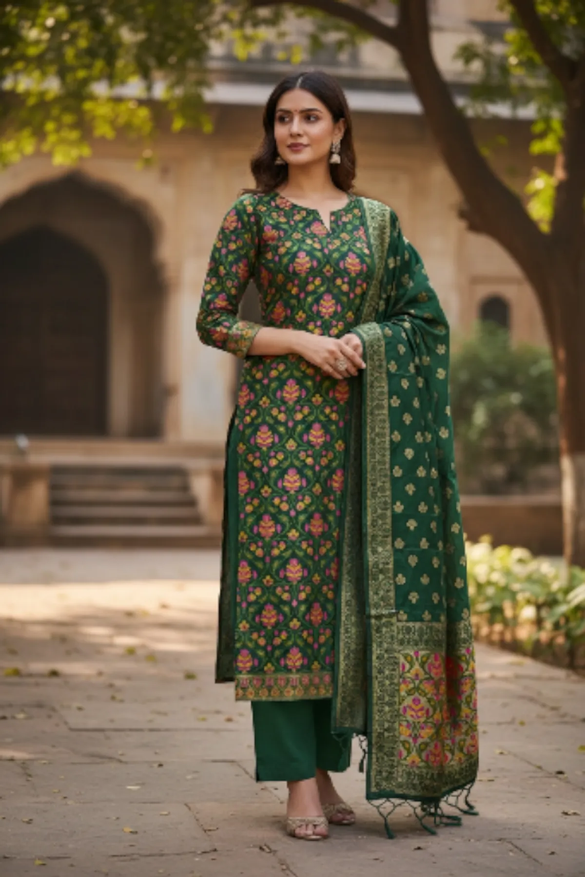 Bottle Green banarasi Tilfi Silk zari Suit – Traditional Meena Weaving Elegance
